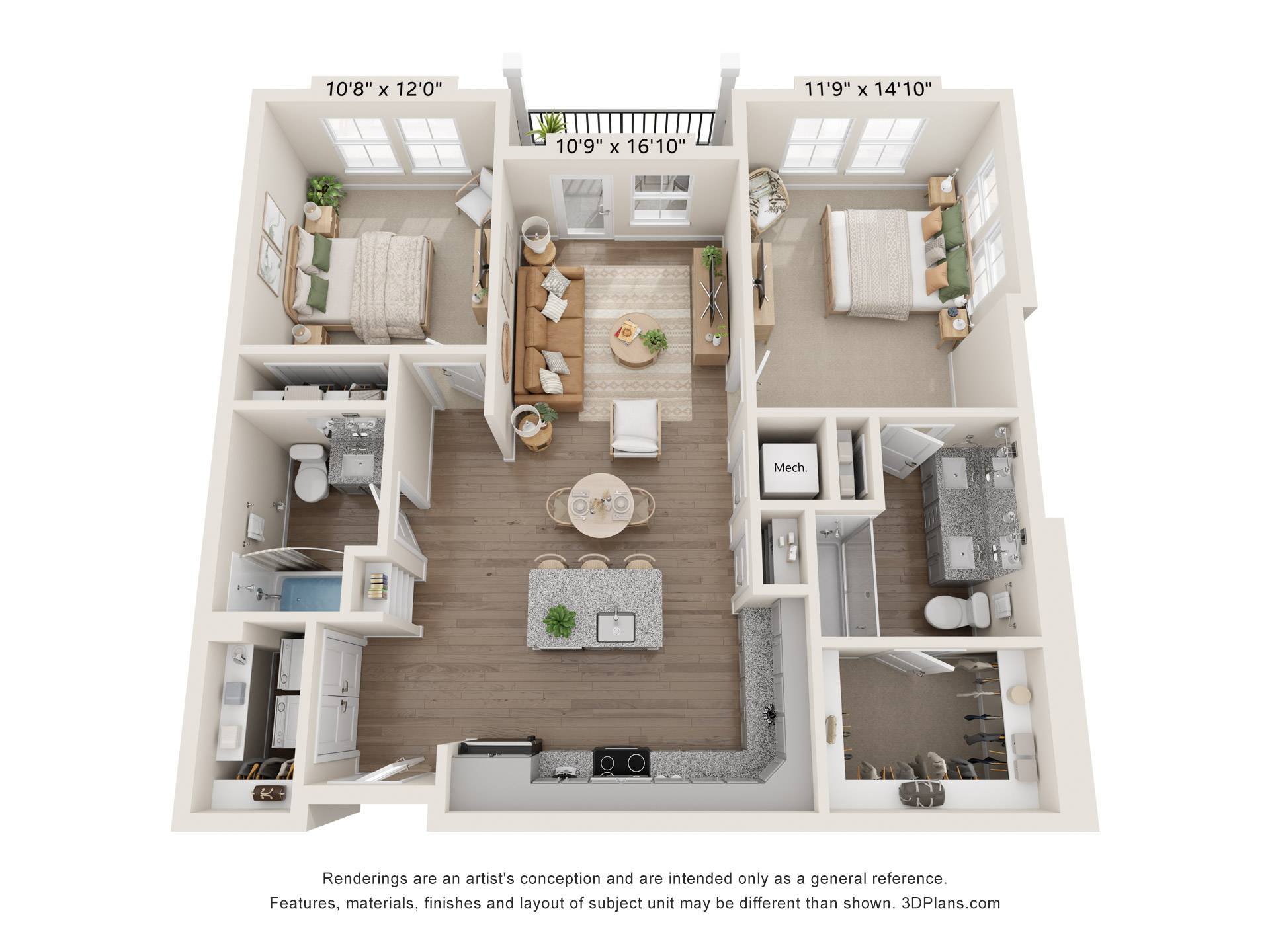 Floor plan for 2 beds, 2 baths, 1011 sqft
